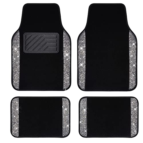 CAR PASS Shining Rhinestones Carpet, Bling Crystal Diamond Sparkly Glitter Car Floor Mats with Anti-Slip PVC Heel Pad Automotive Universal for SUV,Sedan,Car,Van,4pcs for Girl Women (Black Silver)