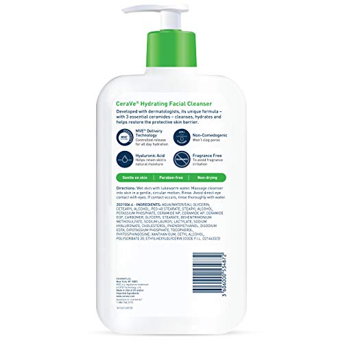 CeraVe Hydrating Facial Cleanser | Moisturizing Non-Foaming Face Wash with Hyaluronic Acid, Ceramides and Glycerin | Fragrance Free Paraben Free | 19 Fluid Ounce