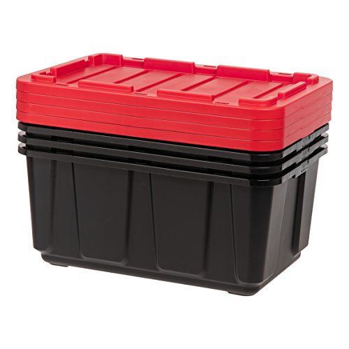 IRIS USA 27 Gallon Large Heavy-Duty Storage Plastic Bin Tote Organizing Container with Durable Lid, Black/Red, 4 Pack