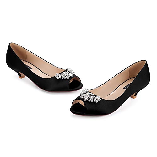 ERIJUNOR E0111 Women Comfort Low Kitten Heels Rhinestones Peep Toe Wedding Evening Party Shoes Dress Pumps Black Size 9