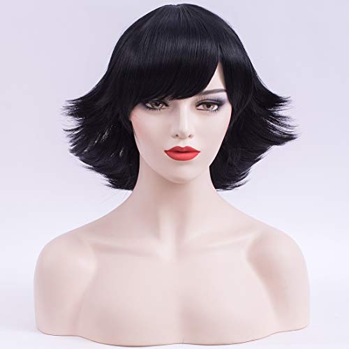 PATTNIUM Black Flip Wig Short Black Bob Wig with Bangs Women 's Black Costume Party Cosplay Black Retro Wig for Girls (Black)