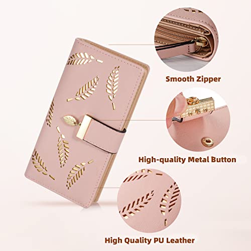 Sweet Cute Chocolate Women's Long Leaf Bifold Wallet Leather Card Holder Purse Zipper Buckle Elegant Clutch Wallet Handbag for Women - Pink