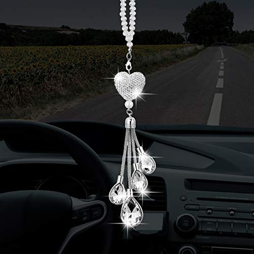 Bling Heart Diamond Car Accessories, Crystal Car Rear View Mirror Charms Car Decoration Valentine's Day Gifts Lucky Hanging Interior Ornament Pendant (White,9.8 Inch)