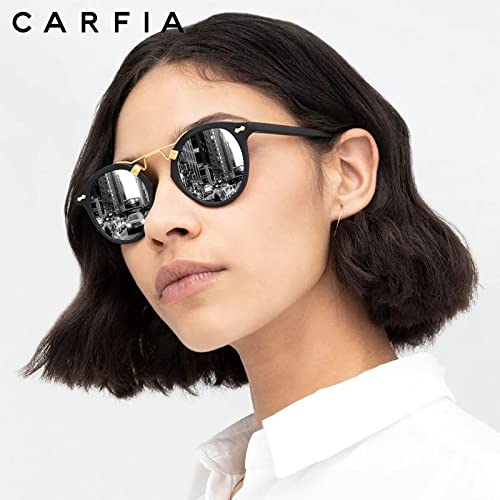 Carfia Small Black Acetate Polarized Sunglasses for Women UV Protection, Retro Double Bridge Eyewear Metal Brow Sunnies