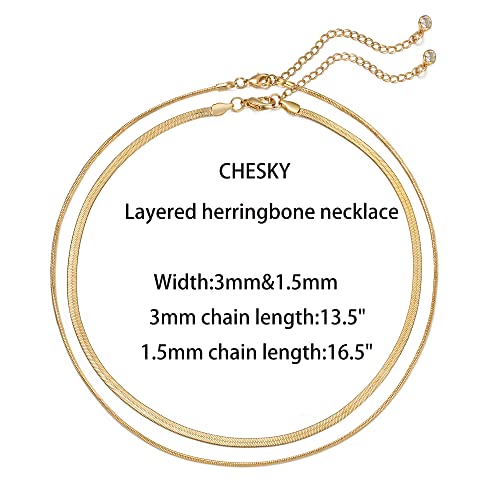 CHESKY Layered Necklace for Women, Double Layer Snake Chain Necklace 14k Gold Plated Layering Herringbone Necklace Gold Chunky Thick Chain Choker Necklace Gifts for Girls