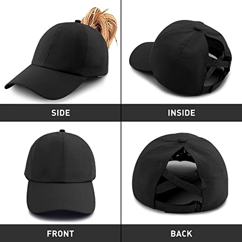 Womens Ponytail Hat Baseball Cap, Adjustable Criss Cross Baseball Cap High Bun Unisex Quick Drying Trucker Hats (ZBlack, One Size)