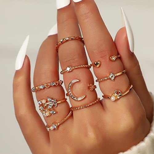 HUASAI Gold Stacking Rings for Women Butterfly Knuckle Rings Snake Rings Moon Star Rings Heart Stacking Rings for Girls(Moon Star Ring Set)