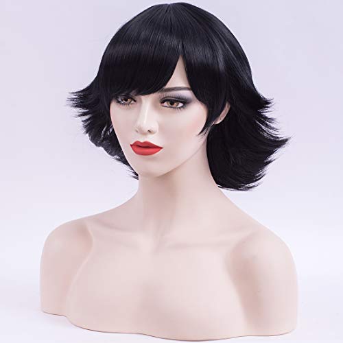 PATTNIUM Black Flip Wig Short Black Bob Wig with Bangs Women 's Black Costume Party Cosplay Black Retro Wig for Girls (Black)