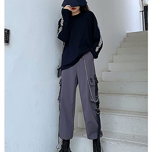 MEINVQIAOTI Black Cargo Pants for Women Techwear Women Loose Street Rock Style Casual Black Pants with Chain Goth Pants M