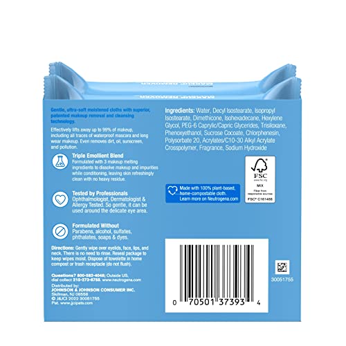 Neutrogena Makeup Remover Cleansing Face Wipes, Daily Cleansing Facial Towelettes to Remove Waterproof Makeup and Mascara, Alcohol-Free, Value Twin Pack, 25 Count, 2 Pack