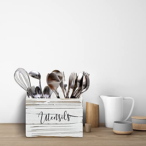 LADESIGGN Wood Utensil Holder for Countertop, Farmhouse Kitchen Decor for Flatware, Utensil Caddy with 2 Compartments, Rustic Utensil Organizer for Kitchen