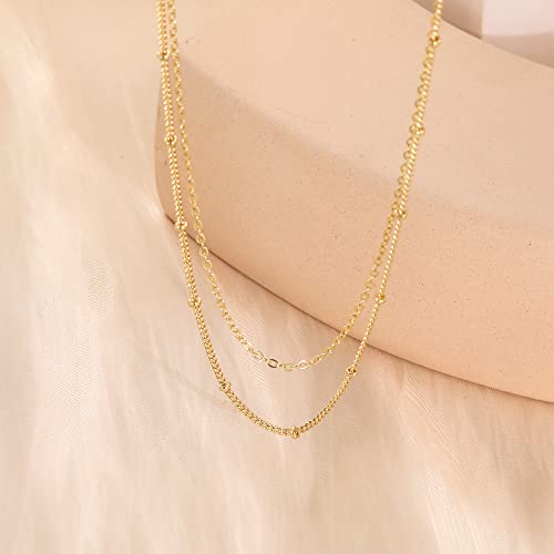 CHESKY Gold Choker Dainty Layered Necklaces for Women, 14k Gold Plated Beaded Choker Layering Satellite Paperclip Chain Necklace, Minimalist Simple Layered Bead Double Necklaces Jewelry Gift