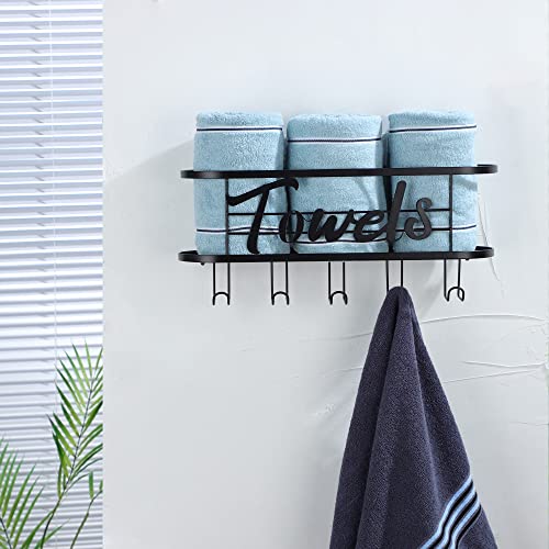 Towel Rack Wall Mounted - Rolled Towel Holder with 5 Towel Hooks, Organizer Bath Sheet and Hanging Towel - DELITON Black Bathroom Decor Storage Series