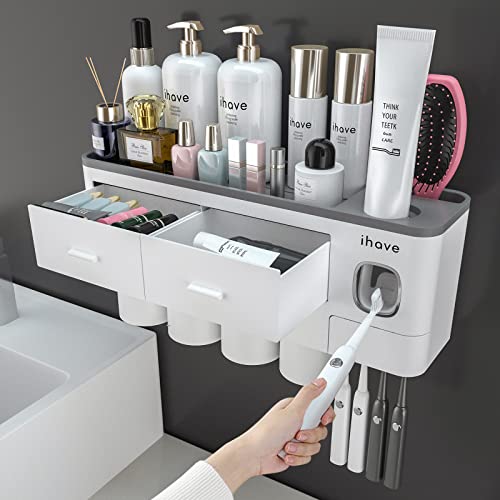 iHave Toothbrush Holders for Bathrooms, 4 Cups Toothbrush Holder Wall Mounted with Toothpaste Dispenser, Large Capacity Tray, 2 Cosmetic Drawer and 7 Brush Slots with Cover Tooth Brush Holder