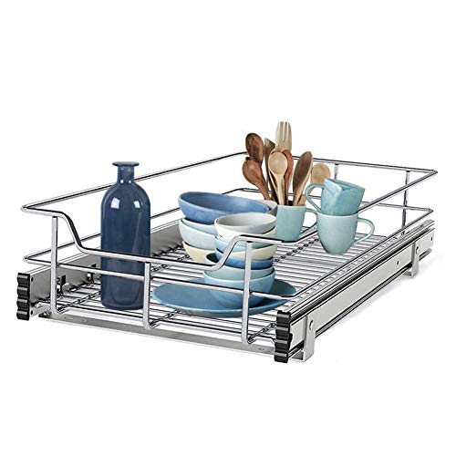 STORKING Pull Out Organizer Single Wire Basket Shelf Sliding Drawer Storage for Kitchen Base Heavy Duty Cabinets, 12”W x 22”D Cabinet Opening Wire Frame Chrome Plating Finish