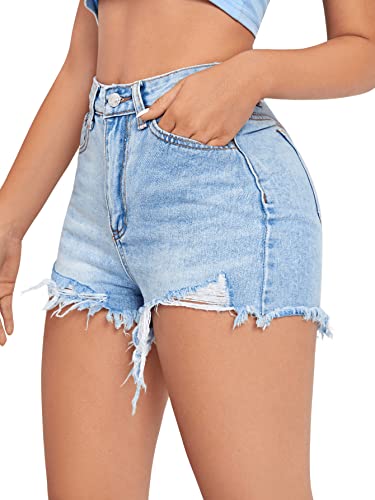 SweatyRocks Women's High Waist Denim Shorts Ripped Raw Hem Jean Shorts Casual Summer Hot Pants with Pockets Light Wash M