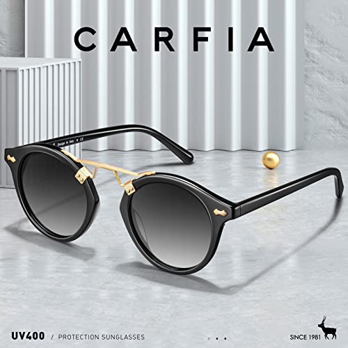 Carfia Small Black Acetate Polarized Sunglasses for Women UV Protection, Retro Double Bridge Eyewear Metal Brow Sunnies