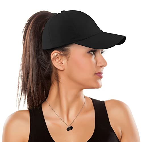 Womens Ponytail Hat Baseball Cap, Adjustable Criss Cross Baseball Cap High Bun Unisex Quick Drying Trucker Hats (ZBlack, One Size)