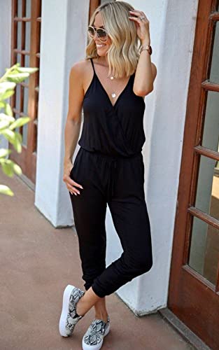 PRETTYGARDEN Women's Summer Deep V Neck Spaghetti Strap Drawstring Waist Jumpsuit Romper with Pockets