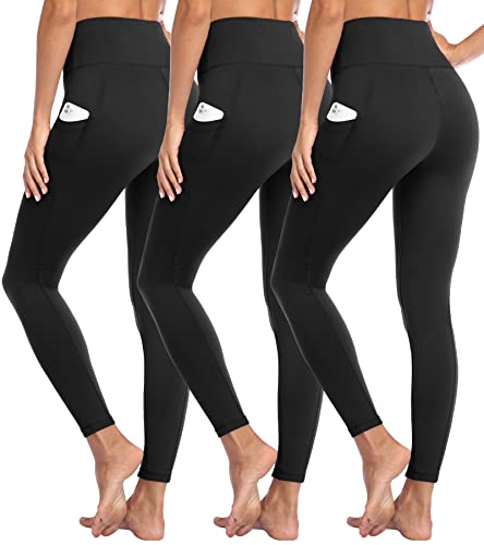 GAYHAY 3 Pack Leggings with Pockets for Women - High Waisted Tummy Control Buttery Soft Workout Gym Yoga Pants Black/Black/Black