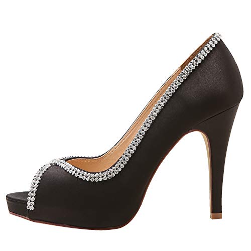 ELEGANTPARK Black Heels Peep Toe Platform Shoes for Women Heels and Pumps Rhinestones Satin High Heel Wedding Prom Evening Dress Shoes US 7