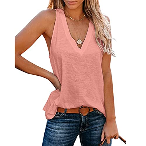 Bliwov Women's V Neck Sleeveless Basic Tank Tops Loose Fit Casual Solid Color Shirts Pink