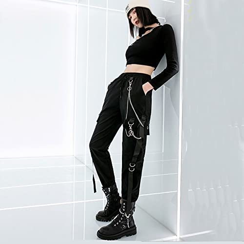 MEINVQIAOTI Black Cargo Pants for Women Techwear Women Loose Street Rock Style Casual Black Pants with Chain Goth Pants M