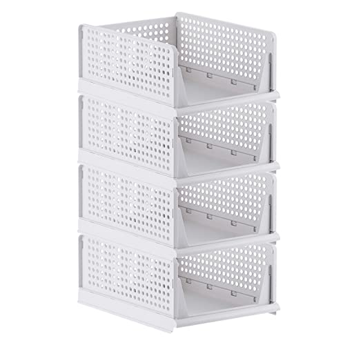 CTSNSLH 4 Pack Folding Closet Organizers Storage Box Plastic Closet Organizer,Stackable Plastic Storage Basket,Drawer Organizers for Clothing(White)