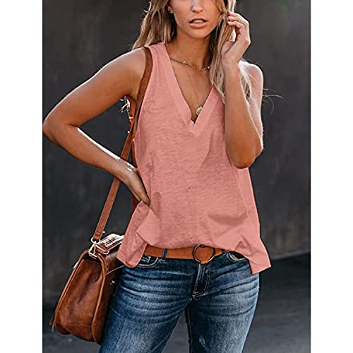 Bliwov Women's V Neck Sleeveless Basic Tank Tops Loose Fit Casual Solid Color Shirts Pink