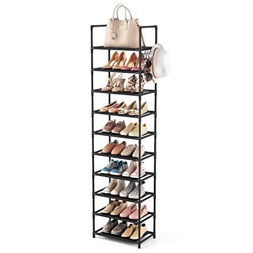 LANTEFUL 10 Tiers Tall Shoe Rack 20-25 Pairs Shoe and Boots Organizer Storage Sturdy Shoe Shelf, Narrow Shoe Rack for Entryway, Black Shoe Organizer for Closets with Hooks