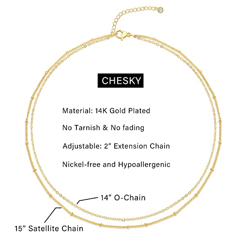 CHESKY Gold Choker Dainty Layered Necklaces for Women, 14k Gold Plated Beaded Choker Layering Satellite Paperclip Chain Necklace, Minimalist Simple Layered Bead Double Necklaces Jewelry Gift