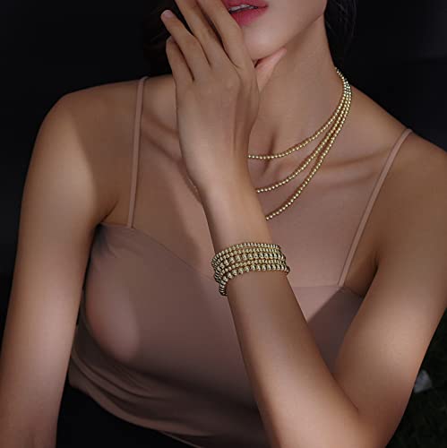 Gold Bead Bracelet for Women,14K Gold Plated Bead Ball Bracelet Stretchable Elastic Bracelet