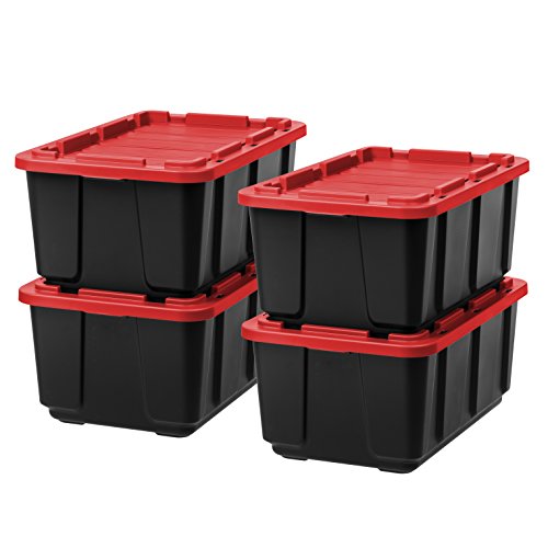 IRIS USA 27 Gallon Large Heavy-Duty Storage Plastic Bin Tote Organizing Container with Durable Lid, Black/Red, 4 Pack