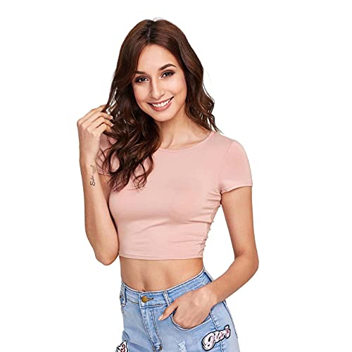 SweatyRocks Women's Basic Short Sleeve Scoop Neck Crop Top Pink Medium