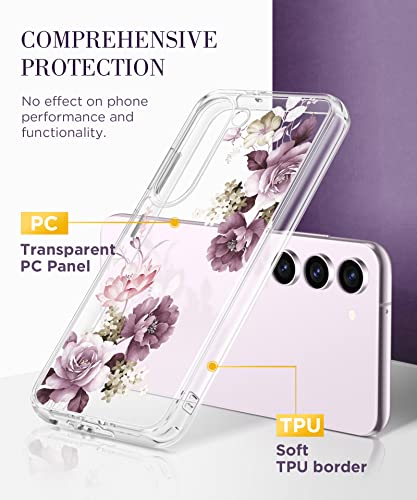 GVIEWIN Compatible with Samsung Galaxy S23 Plus Case with Screen Protector+Camera Lens Protector, Slim Shockproof Clear Floral Pattern Phone Protective Cover for Women 6.6" (Cherry Blossoms/Purple)