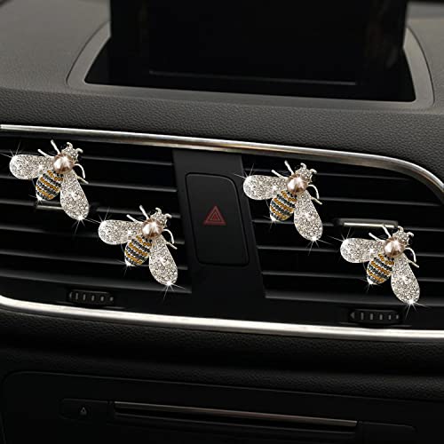 Bling Bee Air Vent Clips, 4 Pcs Crystal Bee Car Air Fresheners Vent Clips Car Diffuser Vent Clip Rhinestone Diamond Bee Car Decoration Car Interior Decor Bling Car Accessories for Women (4 Pcs Bee)