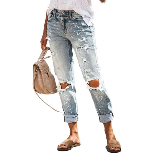 DIFIUPAI Womens Ripped Boyfriend Baggy Mom Denim Jeans(Light Blue,Splatter Paint,Mid Waisted)