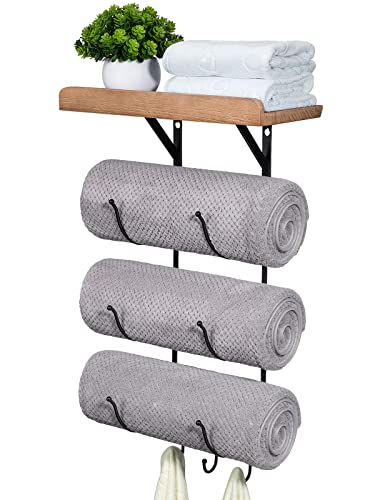 Towel Rack Wall Mounted for Bathroom, IRIIJANE Metal Bath Towel Holder Storage Hand Towels w/ Wood Shelf and 3 Hooks for Small Bathroom Organizer Decor or RV Camper, Black