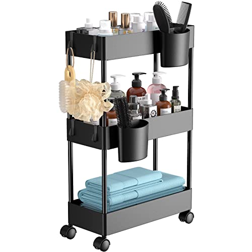 Pipishell Slim Storage Cart with Wheels, Bathroom Cart Organizer Small, Rolling Cart for Bathroom, Laundry Room, Kitchen, Narrow Space, Black PIUC04