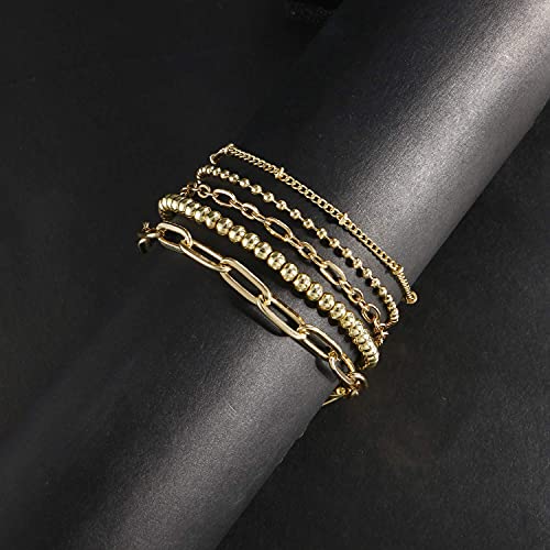 Gold Chain Bracelet Sets for Women Girls 14K Gold Plated Dainty Link Paperclip Bracelets Stake Adjustable Layered Gold Bracelet for Women Trendy Gold Jewelry For Women