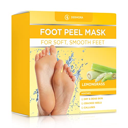 DERMORA Foot Peel Mask - 2 Pack of Regular Size Skin Exfoliating Foot Masks for Dry, Cracked Feet, Callus, Dead Skin Remover - Feet Peeling Mask for baby soft feet, Lemon Scent