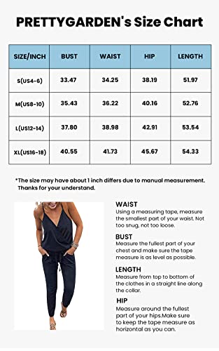 PRETTYGARDEN Women's Summer Deep V Neck Spaghetti Strap Drawstring Waist Jumpsuit Romper with Pockets