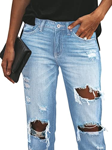 KUNMI Women's Ripped Mid Waisted Boyfriend Jeans Loose Fit Distressed Stretchy Denim Pants