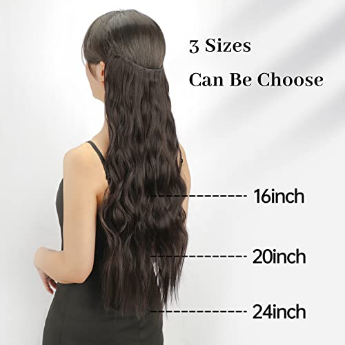 KooKaStyle Invisible Wire Hair Extensions with Transparent Wire Adjustable Size 4 Secure Clips Long Wavy Secret Hairpiece 20 Inch Dark Brown for Women