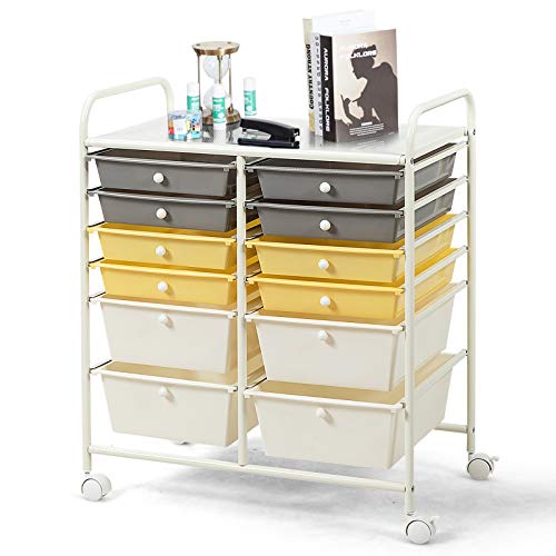 RELAX4LIFE Storage Cart W/12 Drawers Rolling Wheels Semi-Transparent Multipurpose Mobile Rolling Utility Cart for School, Office, Home, Beauty Salon Files Arrangement Storage Organizer Cart (Yellow)