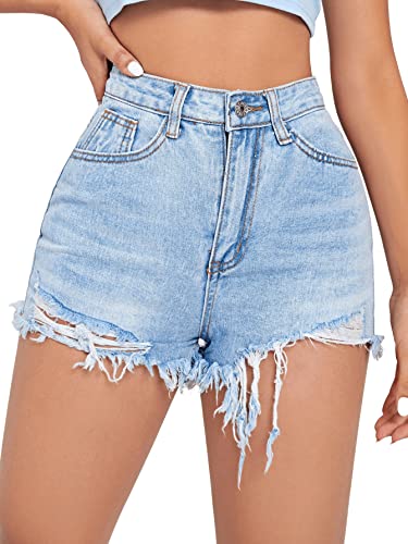 SweatyRocks Women's High Waist Denim Shorts Ripped Raw Hem Jean Shorts Casual Summer Hot Pants with Pockets Light Wash M