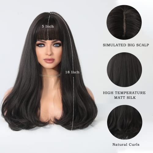 PARK YUN Black Wig with Bangs, 22 inch Long Wavy Wig for Women Heat Resistant Fiber Synthetic Wigs for Daily Party Use