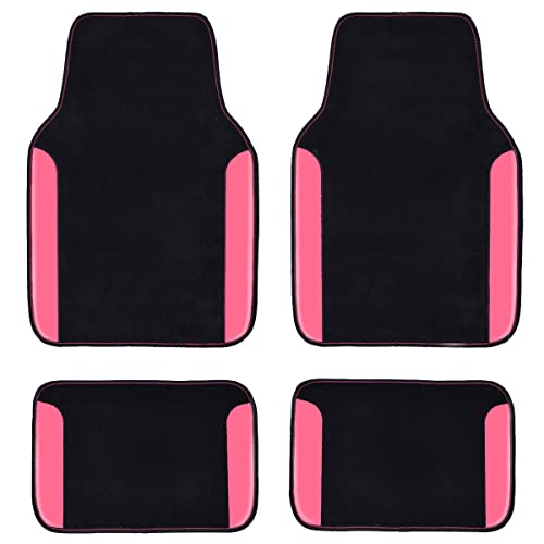 CAR PASS Rainbow Waterproof Universal Fit Faux Leather Car Carpet- Anti-Slip Nibbed Backing Floor Mats for SUV, Vans,Sedans,Trucks, Automotive Set of 4 for Women&Cute Girly (Black with Pink)