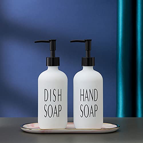 Onsogi 16 Oz White Glass Hand Soap and Dish Soap Dispenser Set with Black Plastic Pumps for Farmhouse Kitchen Counter Bathroom Decor and Organization - 2 Pack