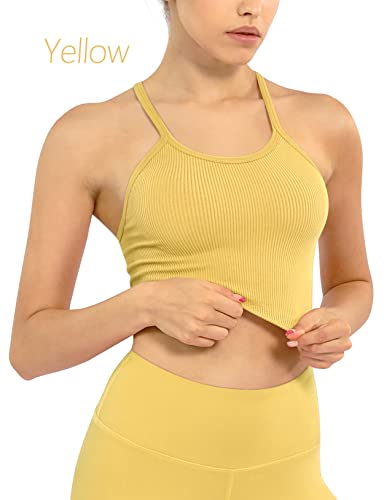 ODODOS Women's Crop Camisole 3-Pack Washed Seamless Rib-Knit Crop Tank Tops, White Purple Yellow, X-Small/Small